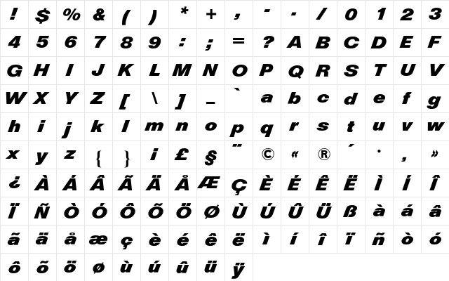 Helvetica Diagonal BQ Regular  glyph index