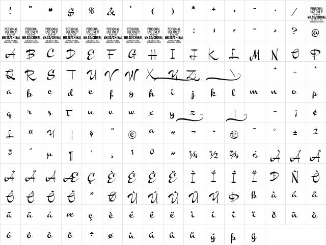 Chinal Bold PERSONAL USE ONLY Regular  glyph index