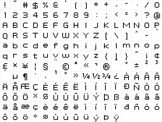PF Tempesta Seven Extended Regular  glyph index