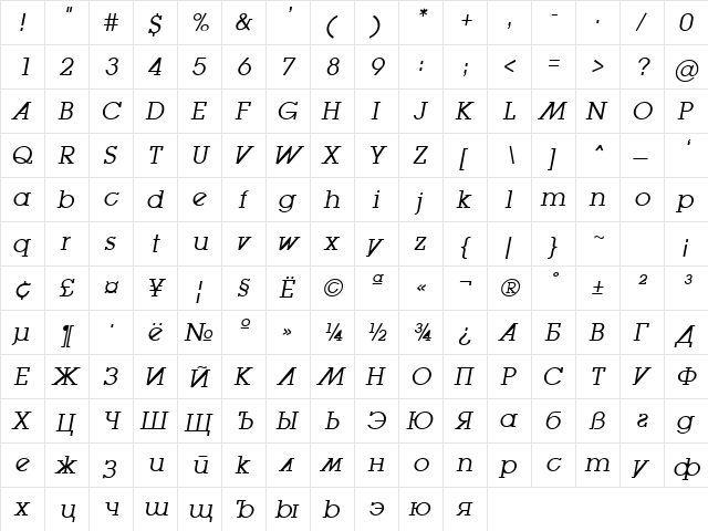 LugaBookAd Book Oblique  glyph index