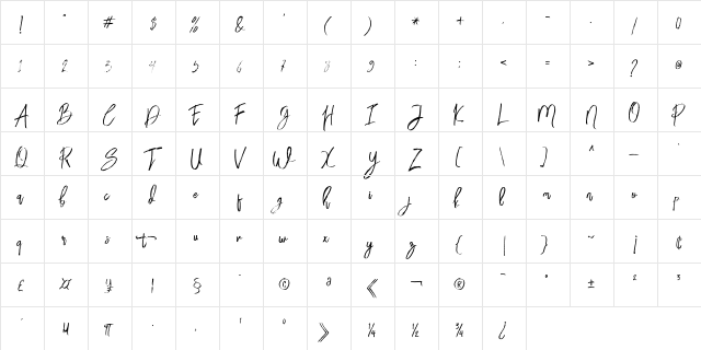 Bloomy Script Free Regular  glyph index