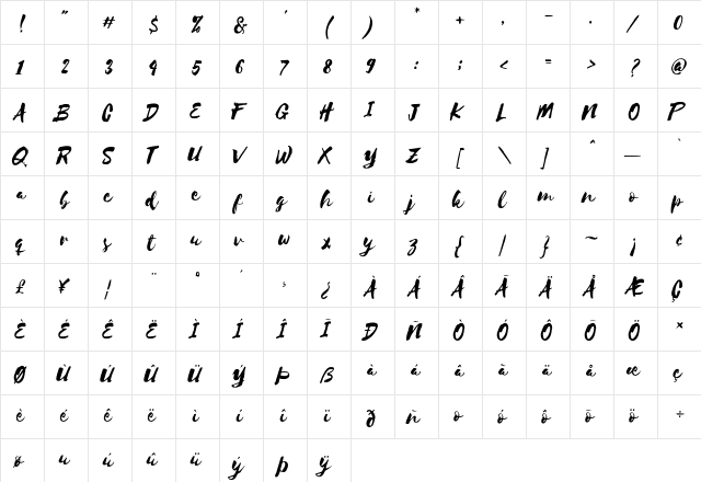 Selima Regular  glyph index