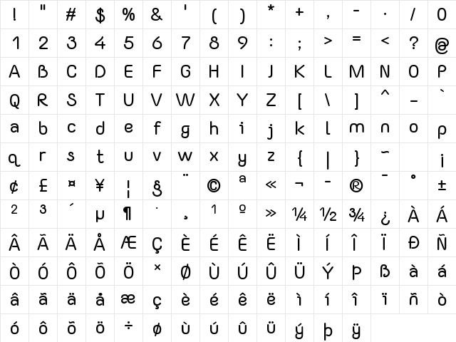 Yaahowu Bold Regular  glyph index