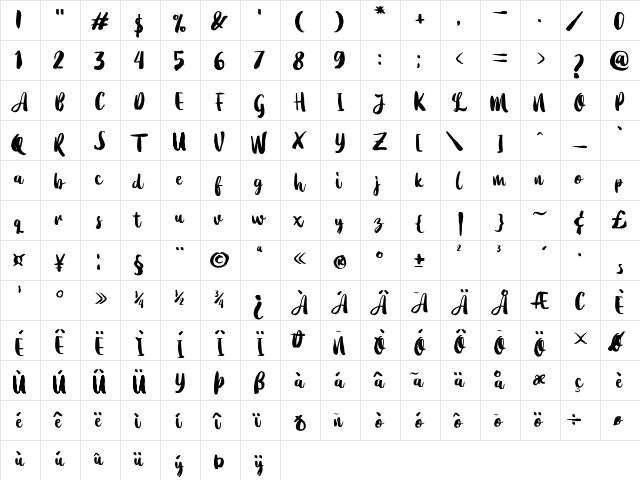 Dearday Script Regular  glyph index