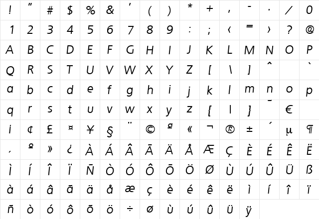 Quebec-RegularIta Regular  glyph index