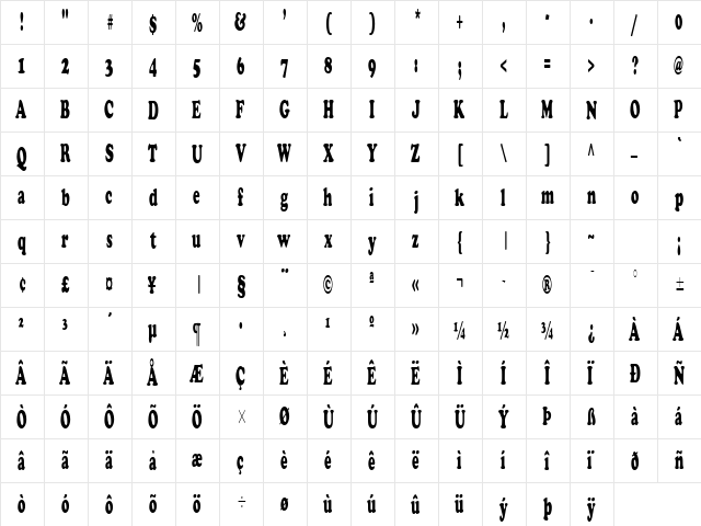 Cupid Condensed Normal  glyph index