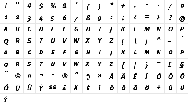 MetaBoldCE Medium Italic  glyph index