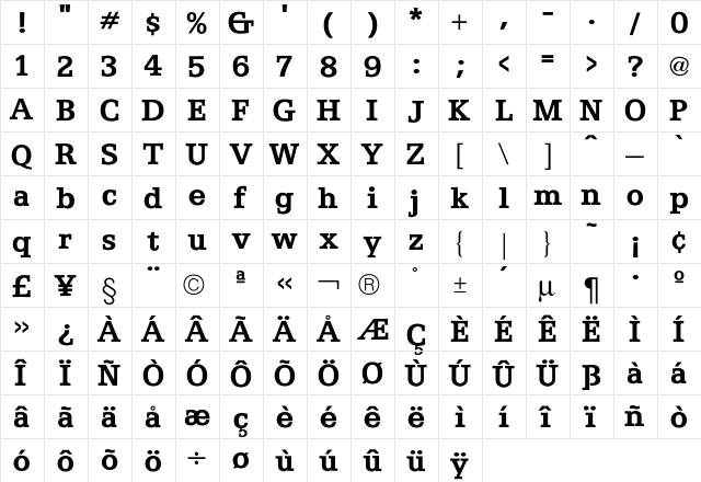 Egyptian Bold  glyph index