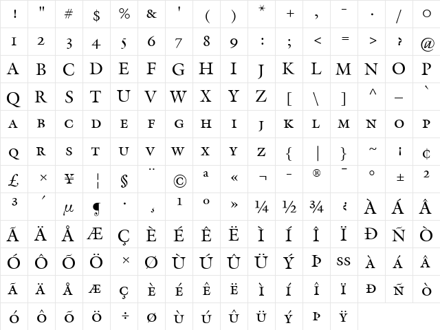 Galliard Regular  glyph index