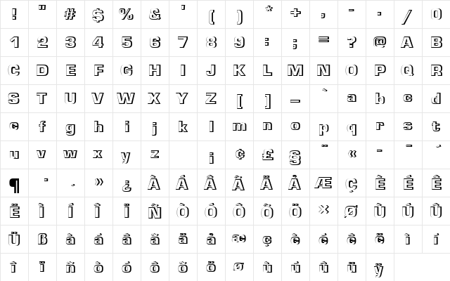 EurostileTBlaRe1 Regular  glyph index