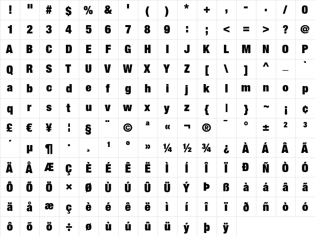 Helvetica Neue LT Regular  glyph index