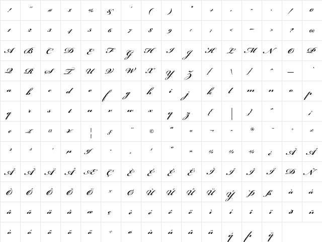 Bickham Script Pro Bold  glyph index