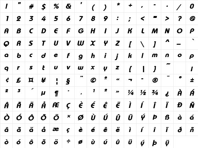 BauhausLH Bold Italic  glyph index