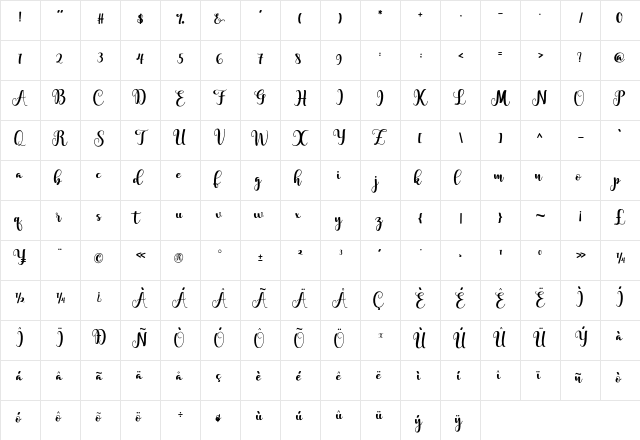 agatha Regular  glyph index