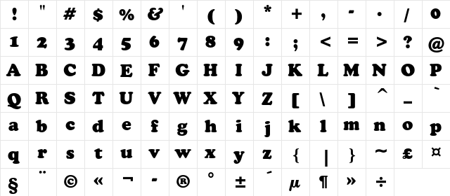 CooperBlackC BT Regular  glyph index