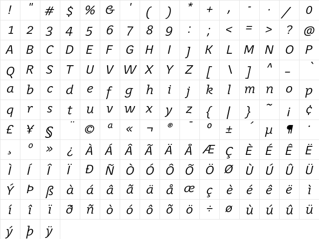 Juvenis Book Book Italic  glyph index
