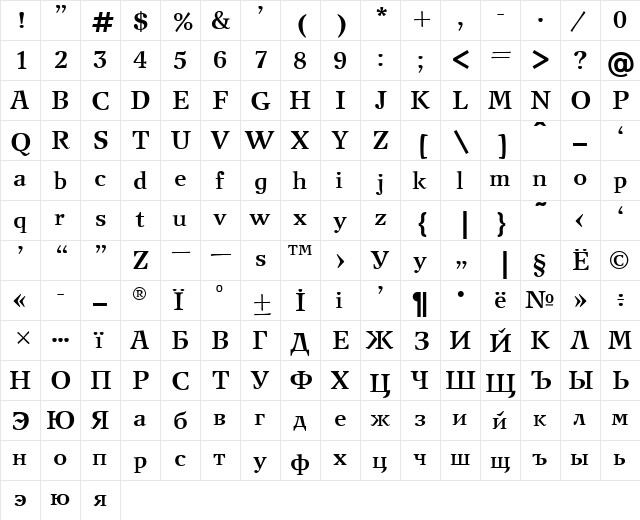 New Journal Bold  glyph index