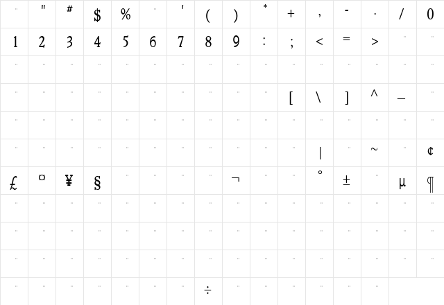 VeroneseBookCondensedTab Medium  glyph index