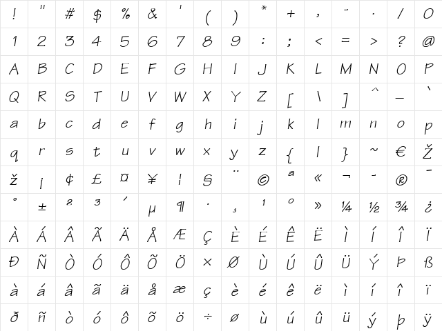 Tekton LT Italic  glyph index