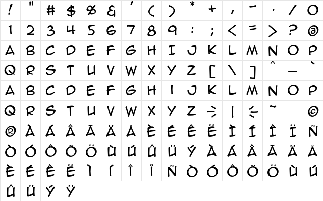 Anime Ace 2.0 BB Regular  glyph index