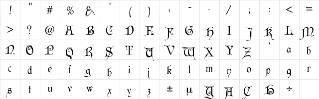 Cymbeline Regular  glyph index