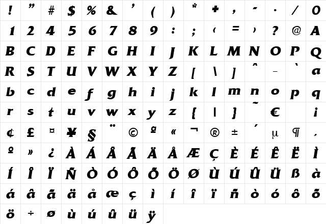 Quadrat-BoldIta Regular  glyph index