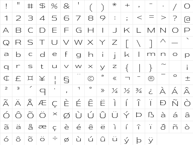 Athabasca Expanded Light  glyph index