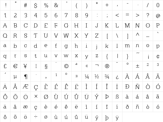 KleinSlabserif-Light Regular  glyph index