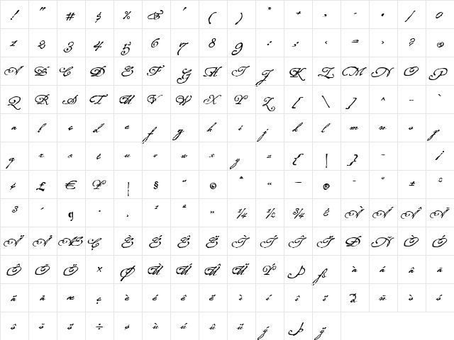 Roanoke Script Regular  glyph index
