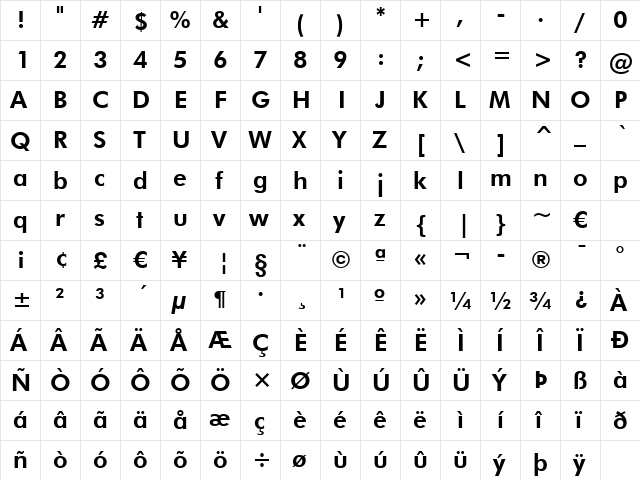 Futura Hv BT Heavy  glyph index