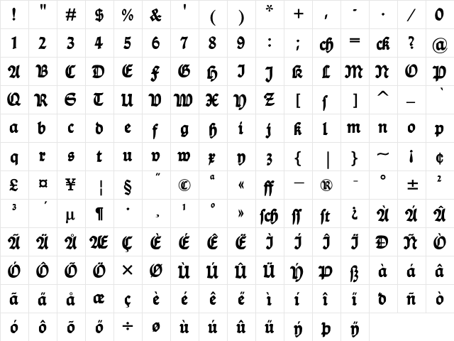 Ballade Bold  glyph index