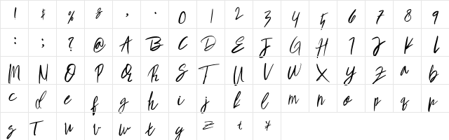 TabithaSmest Regular  glyph index
