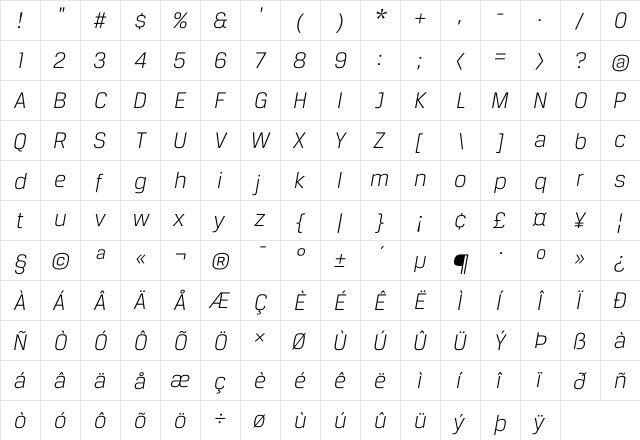 BreuerText Light Italic  glyph index