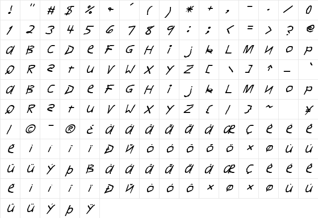 FZ HAND 11 ITALIC Normal  glyph index