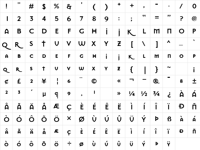 MasonSansBold Regular  glyph index