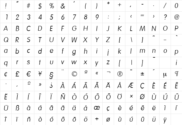VolkswagenSerial-Light Italic  glyph index