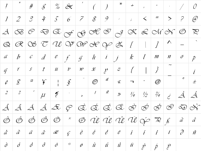 VivaldiD Regular  glyph index