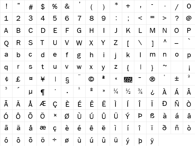 Frankfurt Regular  glyph index