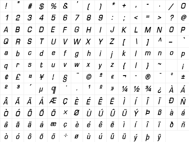 Eurasia Bold Italic  glyph index