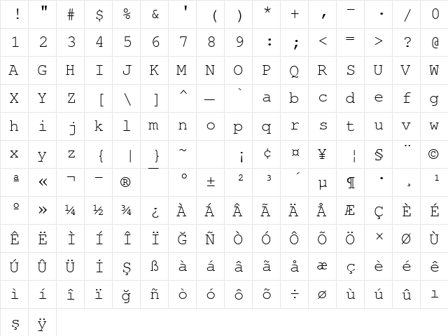 NimbusMonLTU Regular  glyph index
