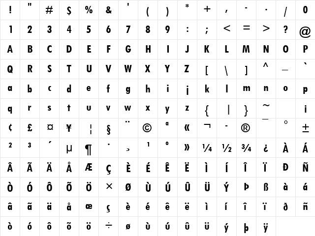 Tw Cen MT Condensed Bold  glyph index