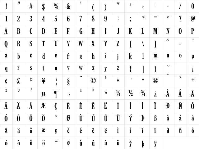 Gloucester MT Extra Condensed Regular  glyph index