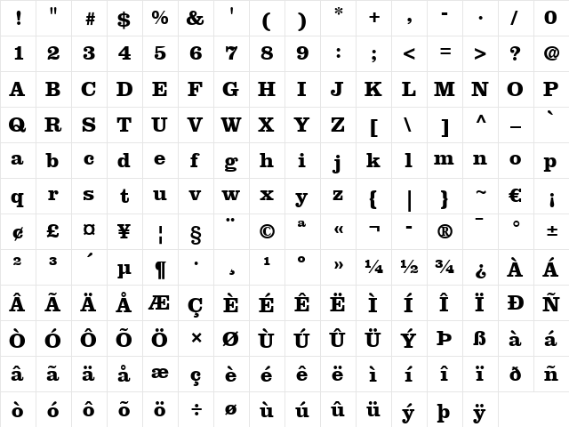 Clarendon LT Bold  glyph index