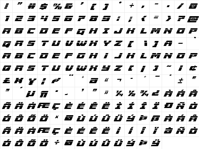 Cruiser Fortress Laser Italic Italic  glyph index