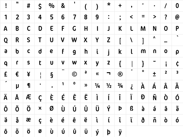 Cocon RegularCondensed  glyph index