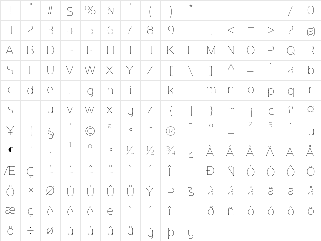 Ata Thin Regular  glyph index