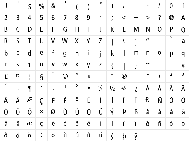 Frutiger LT Std 57 Condensed  glyph index