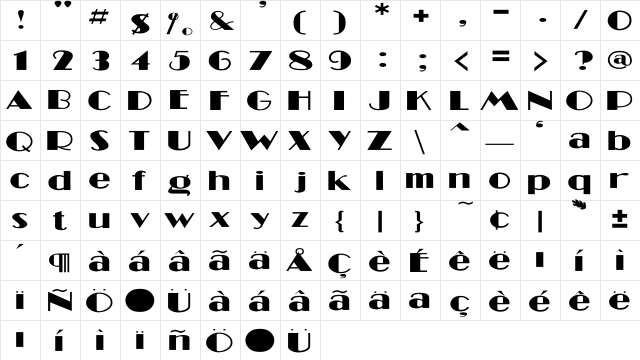 MiamiBeach-Light Wd Regular  glyph index