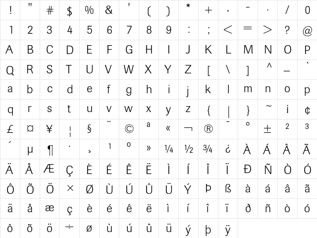 Imago Regular  glyph index