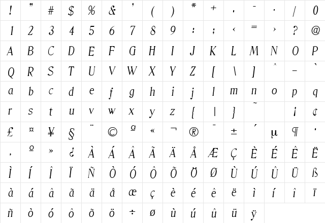 Denver-Serial-Light RegularItalic  glyph index